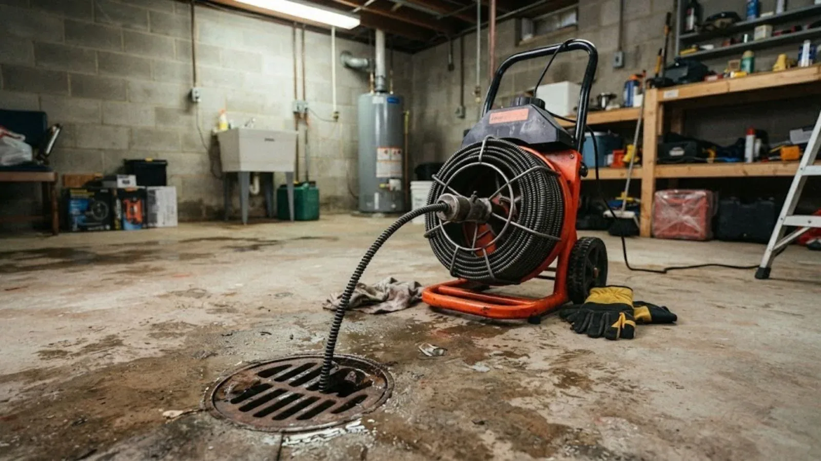 Drum drain machine with cable running into a floor drain in a garage