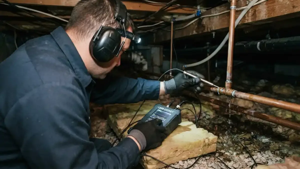 Technician wearing headphones using acoustic leak detection equipment on pipes in a crawl space