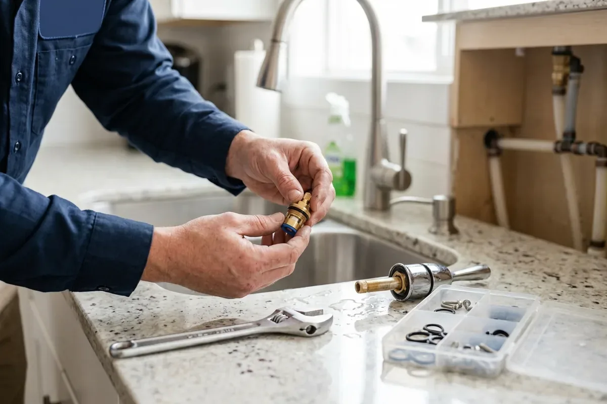Plumber replacing a faucet cartridge at a kitchen sink