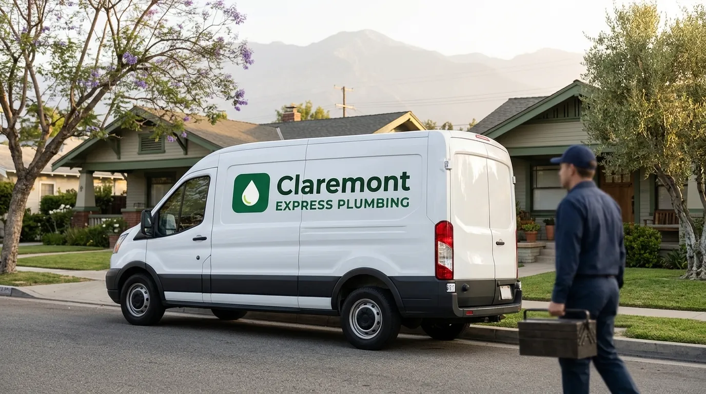 Claremont Express Plumbing service van parked outside a Claremont home as a plumber carries a toolbox to the door