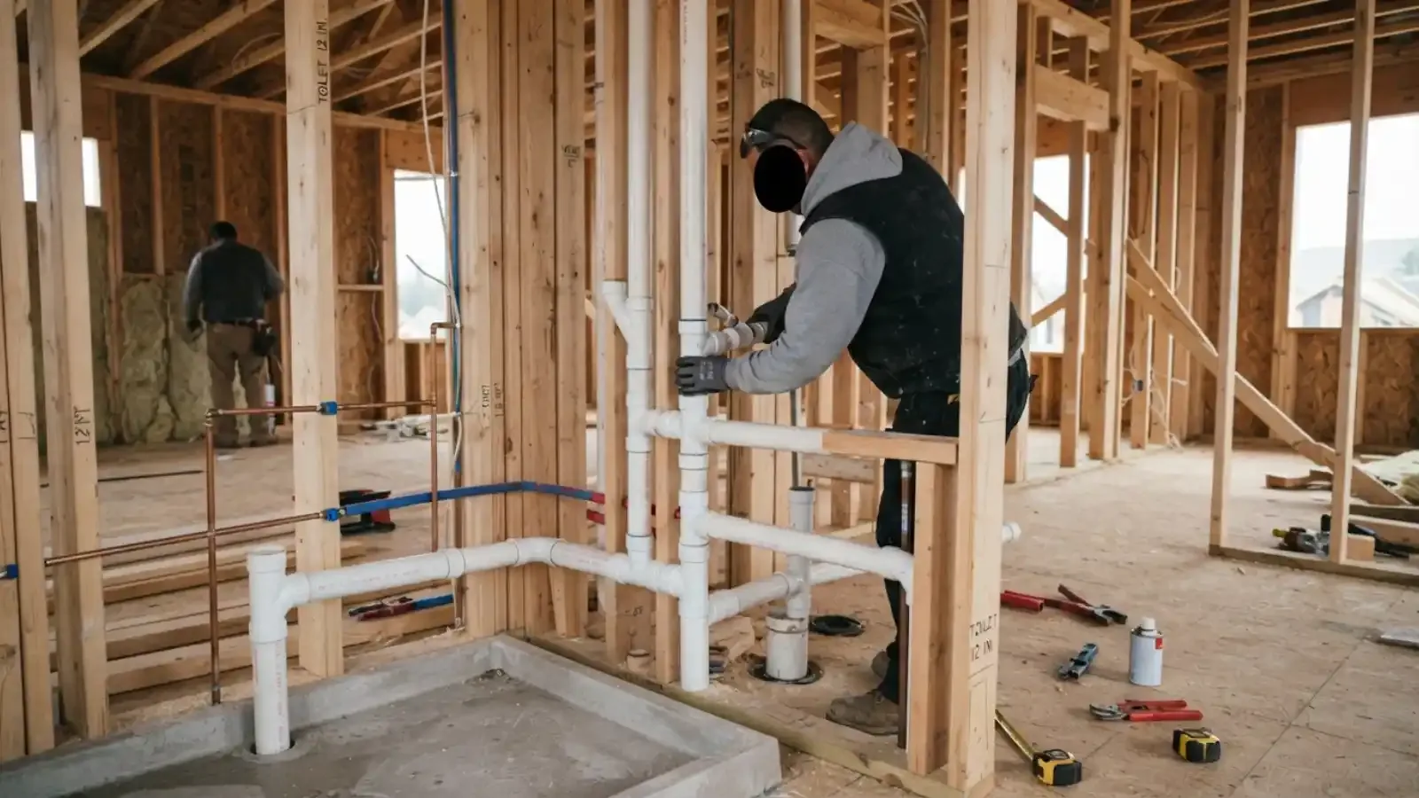 Plumber installing drain and supply piping in an open wall frame during a rough-in