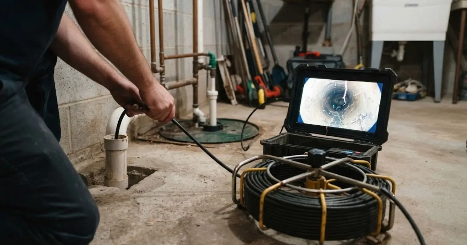 Sewer camera cable and monitor set up at a cleanout for a sewer line inspection