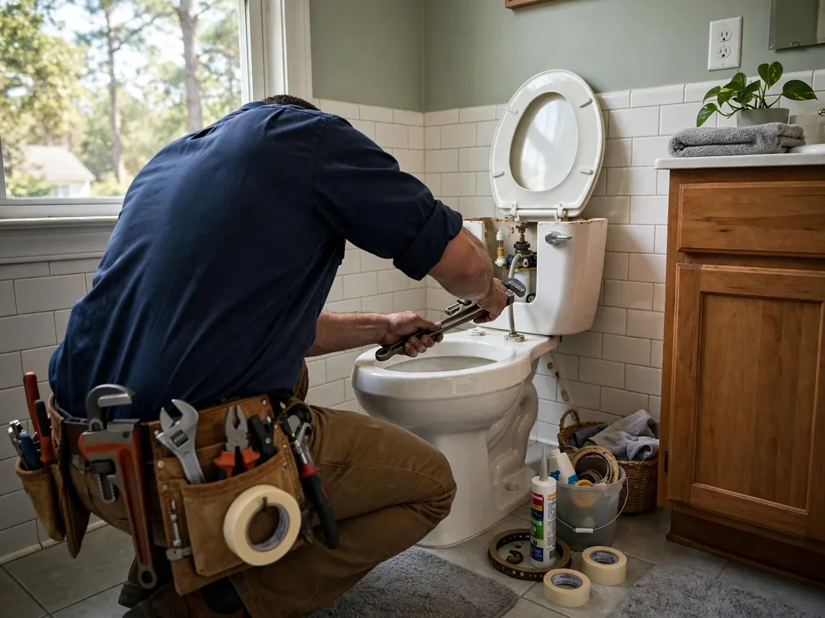 Plumber in a tool belt repairing a toilet in a bathroom