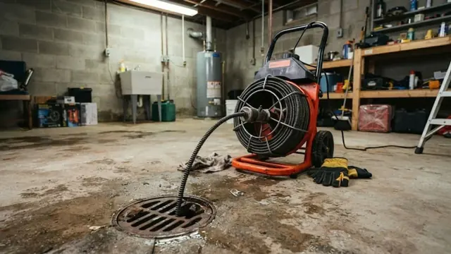 Drum drain machine with cable running into a floor drain in a garage