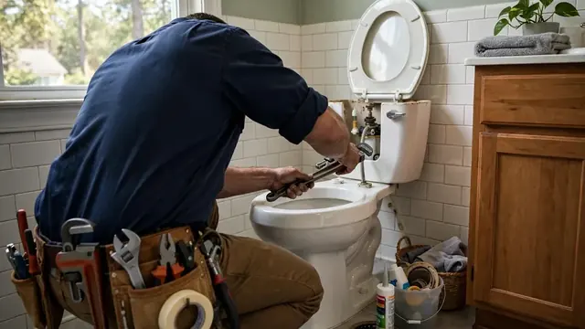 Plumber in a tool belt repairing a toilet in a bathroom