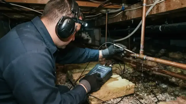 Technician wearing headphones using acoustic leak detection equipment on pipes in a crawl space