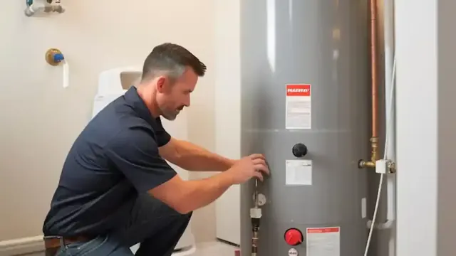 Plumber working on a new tank water heater in a utility room