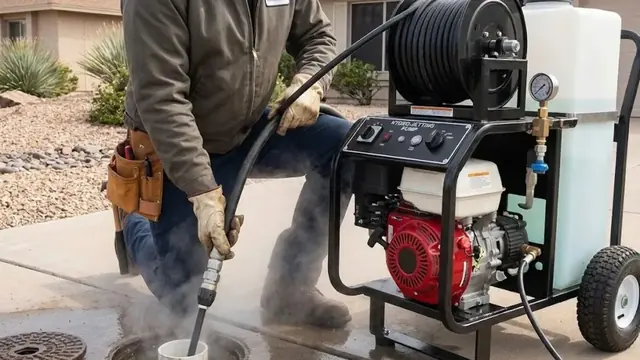 Technician feeding a hydro jetting hose into a cleanout next to a portable jetter
