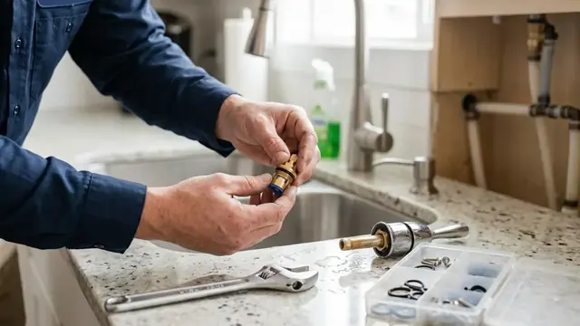 Plumber replacing a faucet cartridge at a kitchen sink