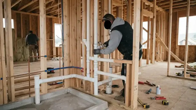 Plumber installing drain and supply piping in an open wall frame during a rough-in