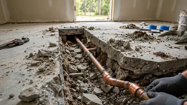 Cut concrete slab exposing a copper pipe while a plumber works on the leak