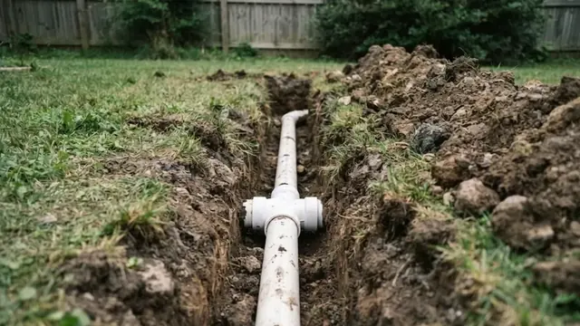 Open trench in a yard with a new white sewer pipe laid in the ground